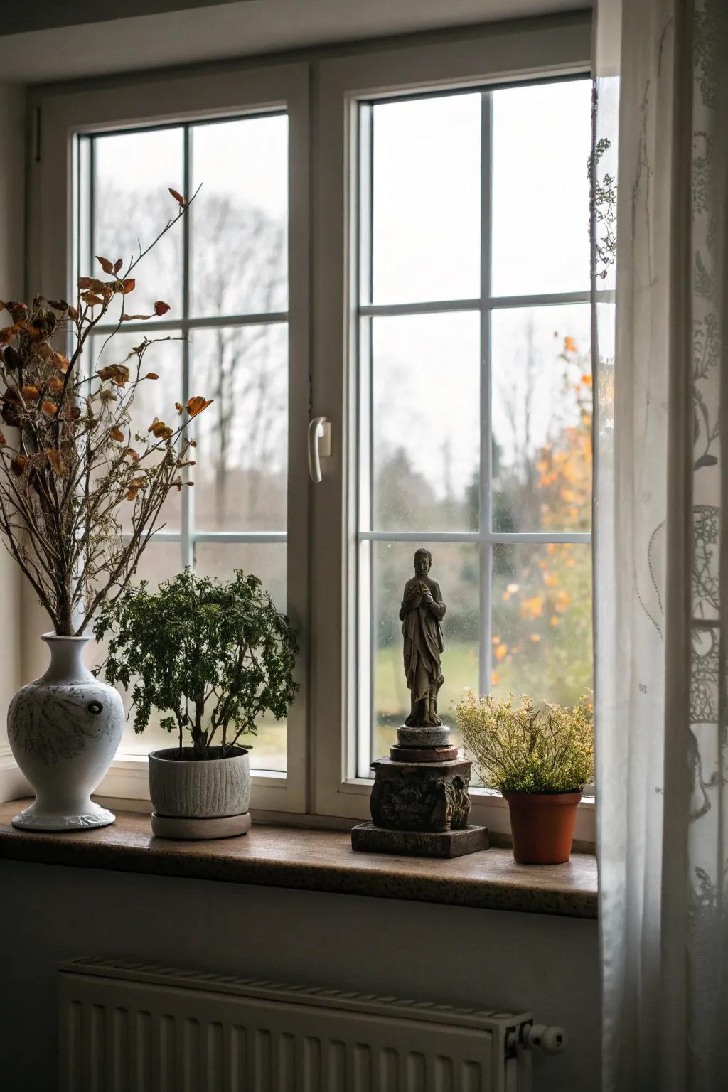 A small sculpture contributes an artistic essence to this window sill.