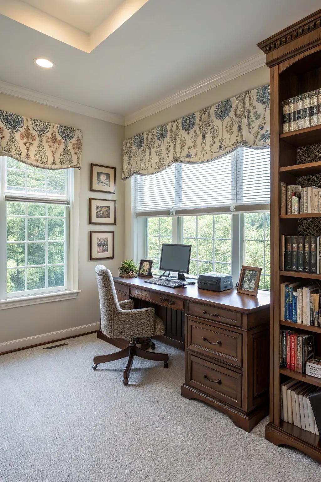 Valances over Venetian blinds furnish a sleek visual.