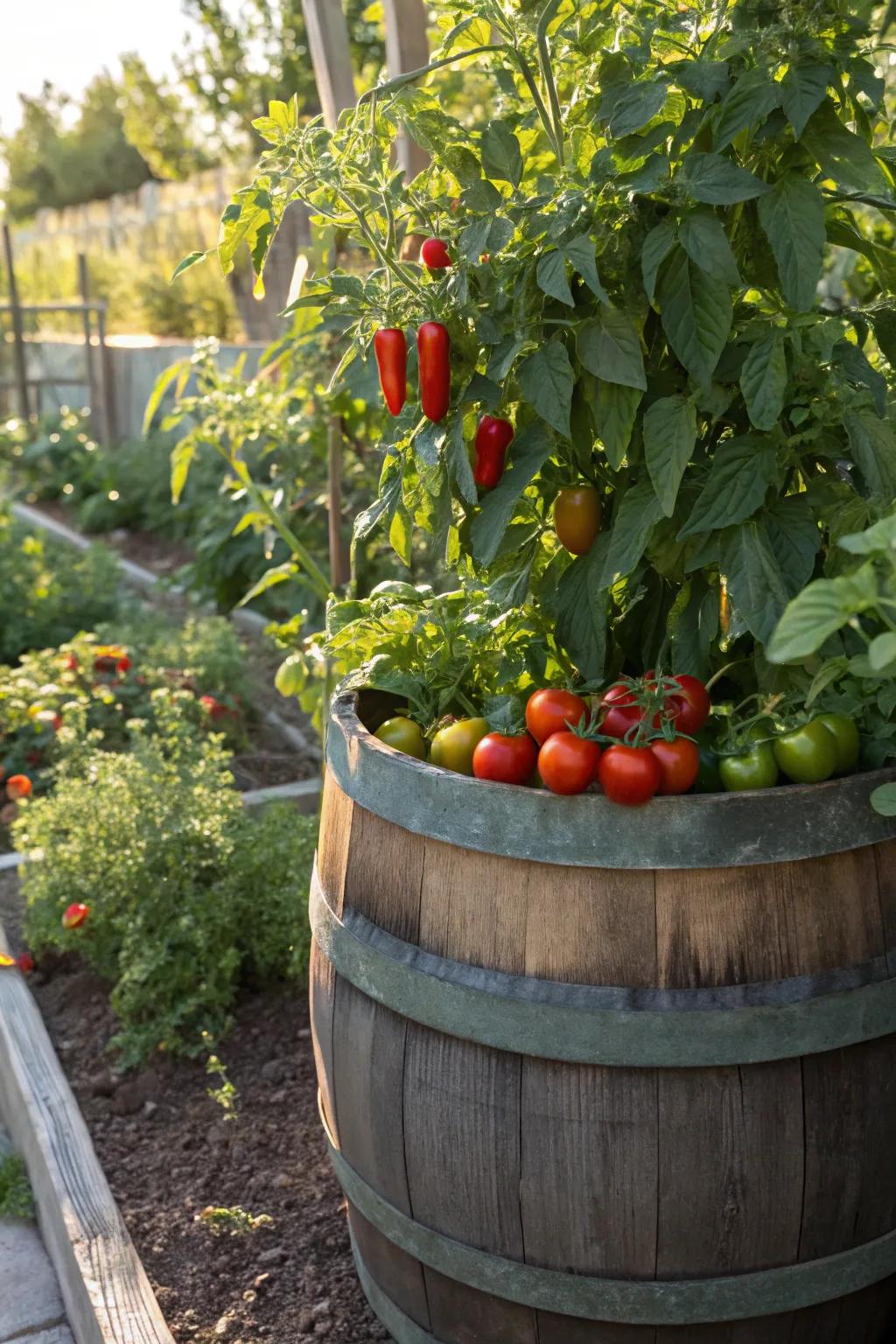 A productive vegetable garden within a wine barrel.
