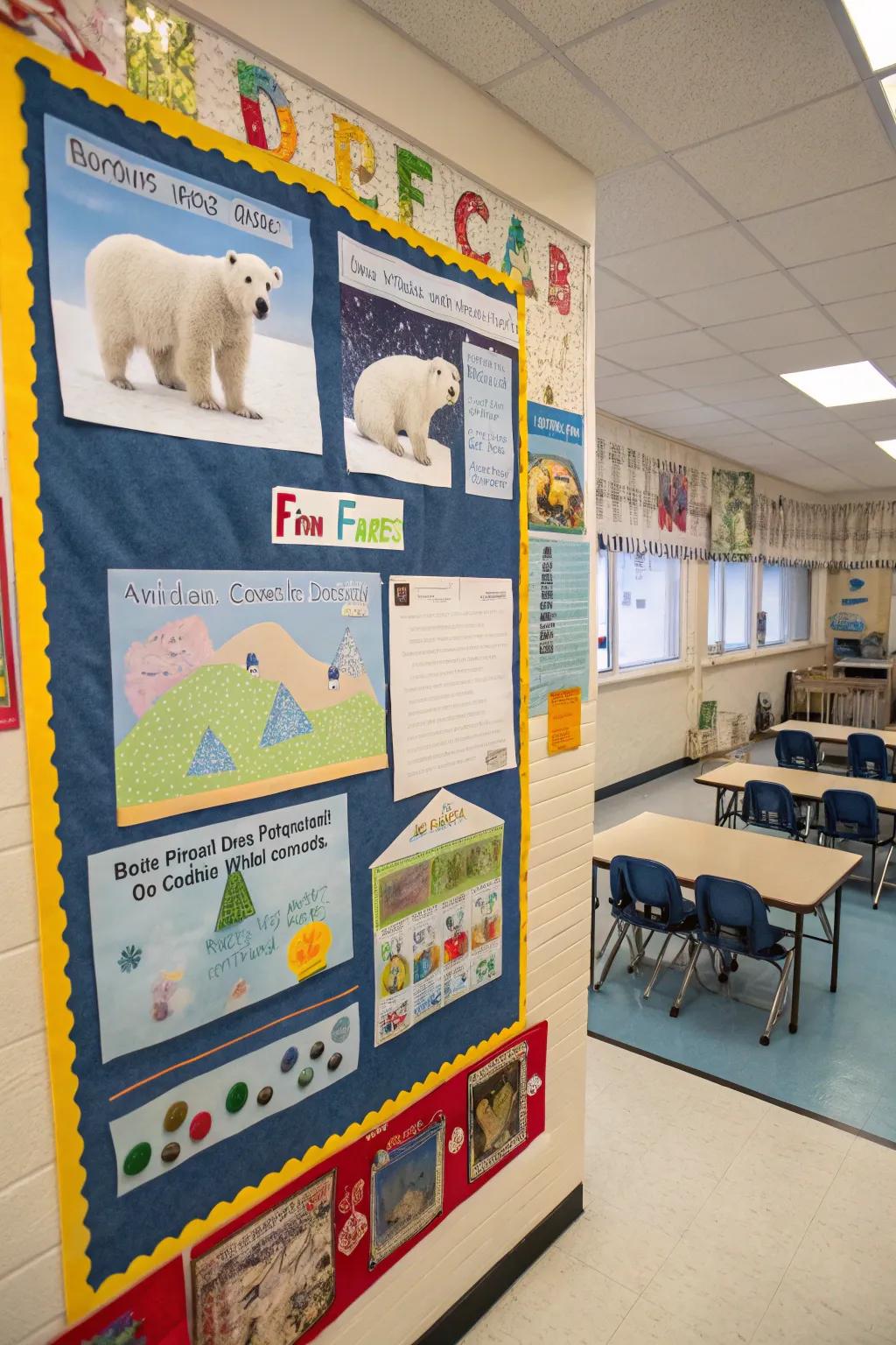 Polar bears transform into new companions on the preschool bulletin board.
