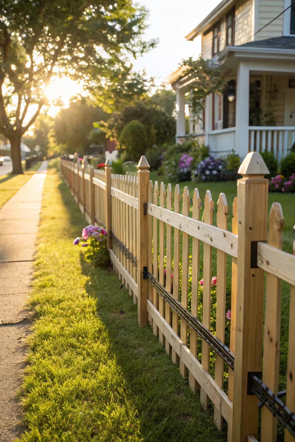 A charming open picket fence featuring wood and metal details.