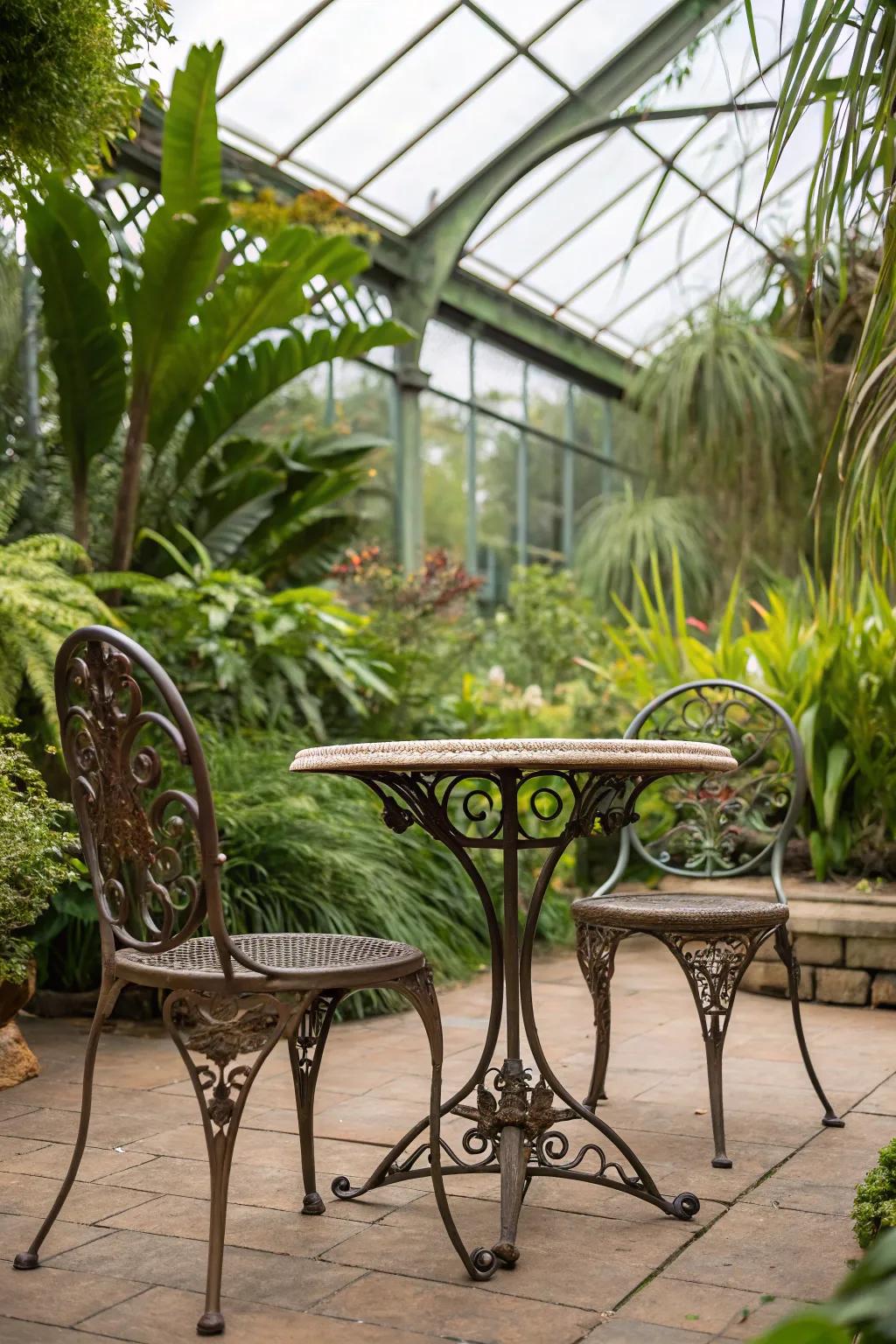 Wrought iron furniture paired with greenhouse flora crafts an exotic retreat.