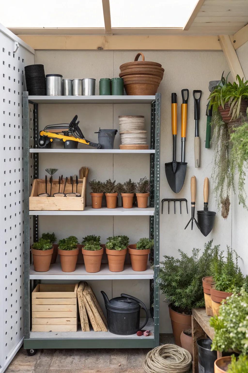 Shelving units provide order for small garden essentials.