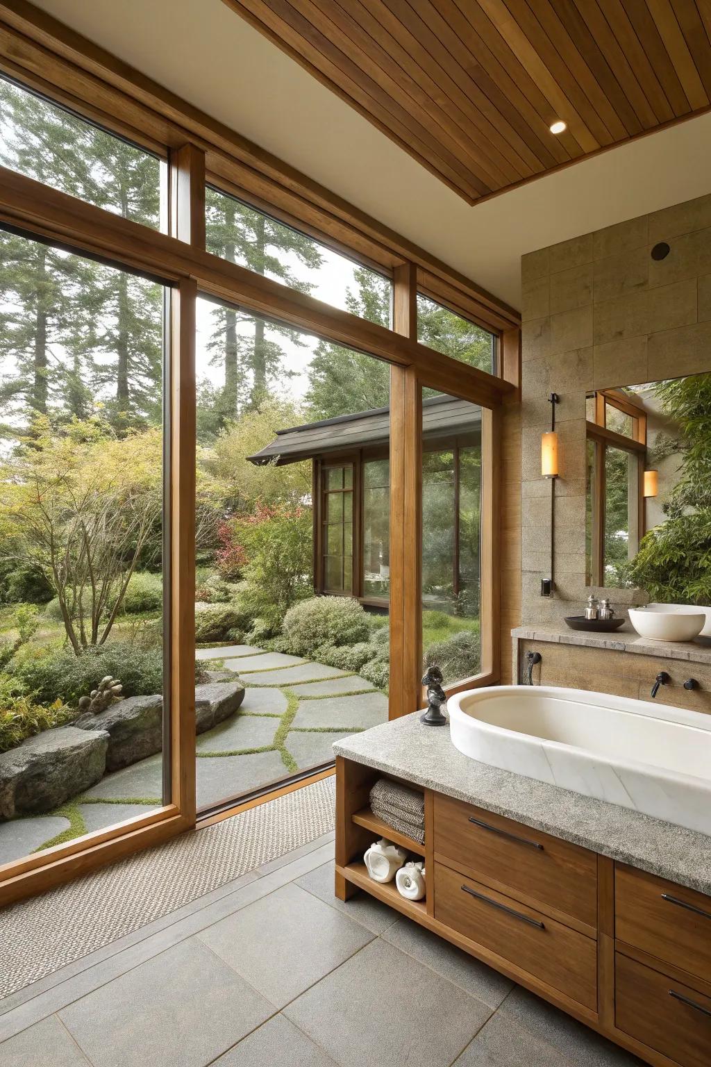 Expansive spaces and wide windows deliver a sense of liberation to a zen bathroom.
