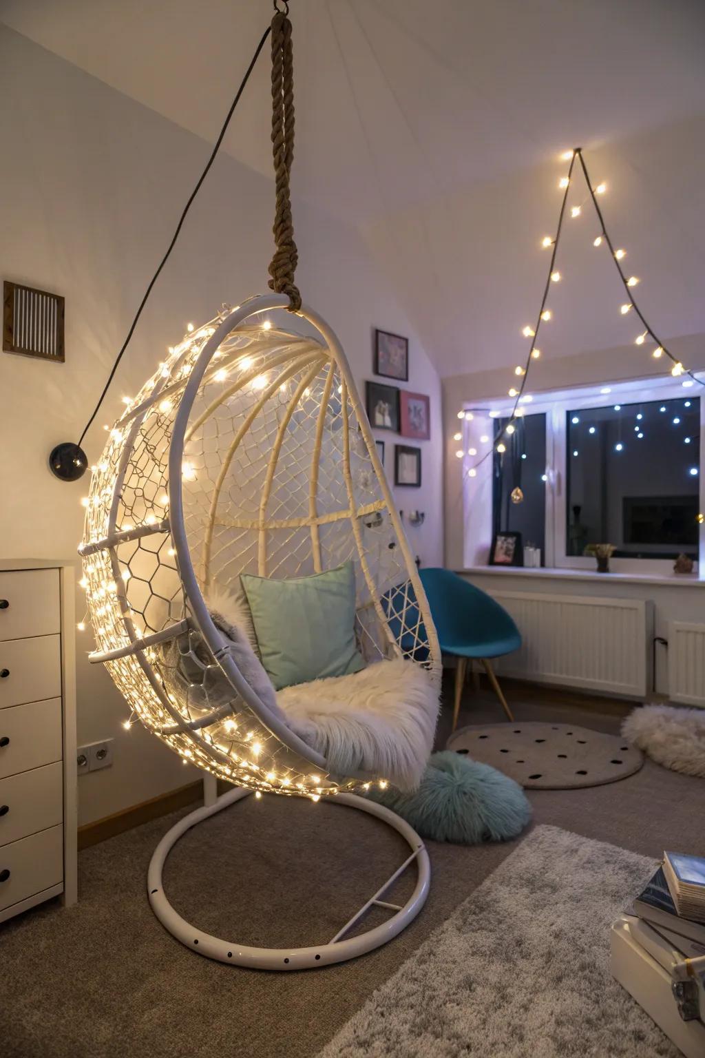 A suspended chair accentuated with LED accents, furnishing a fashionable seating avenue.