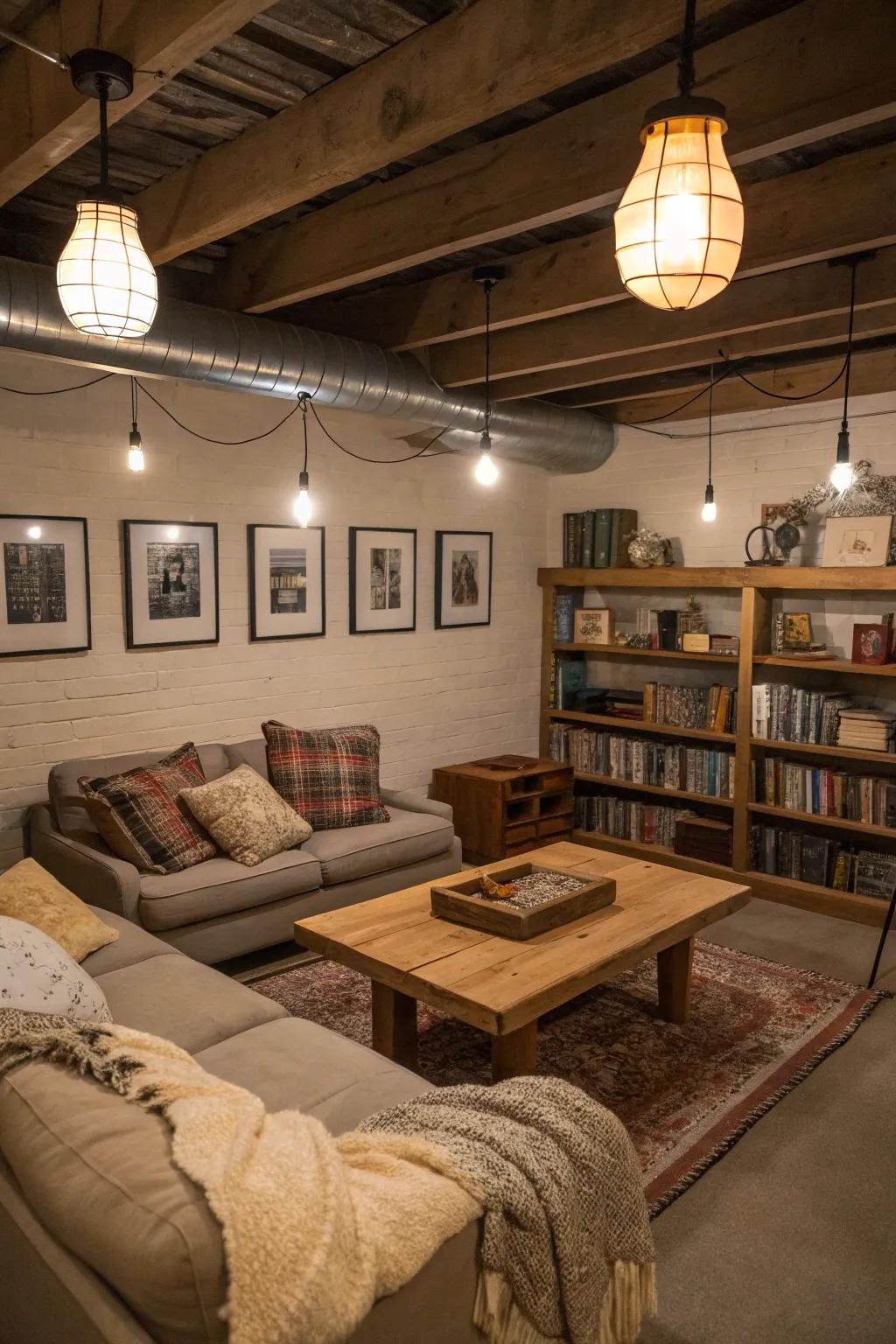 Vintage lighting elements cast an inviting radiance.