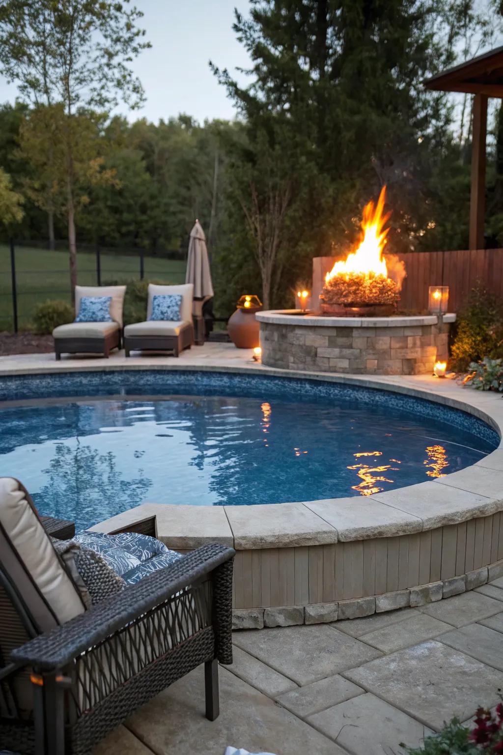 A fire pit imparts warmth and a social focal point to your pool area.