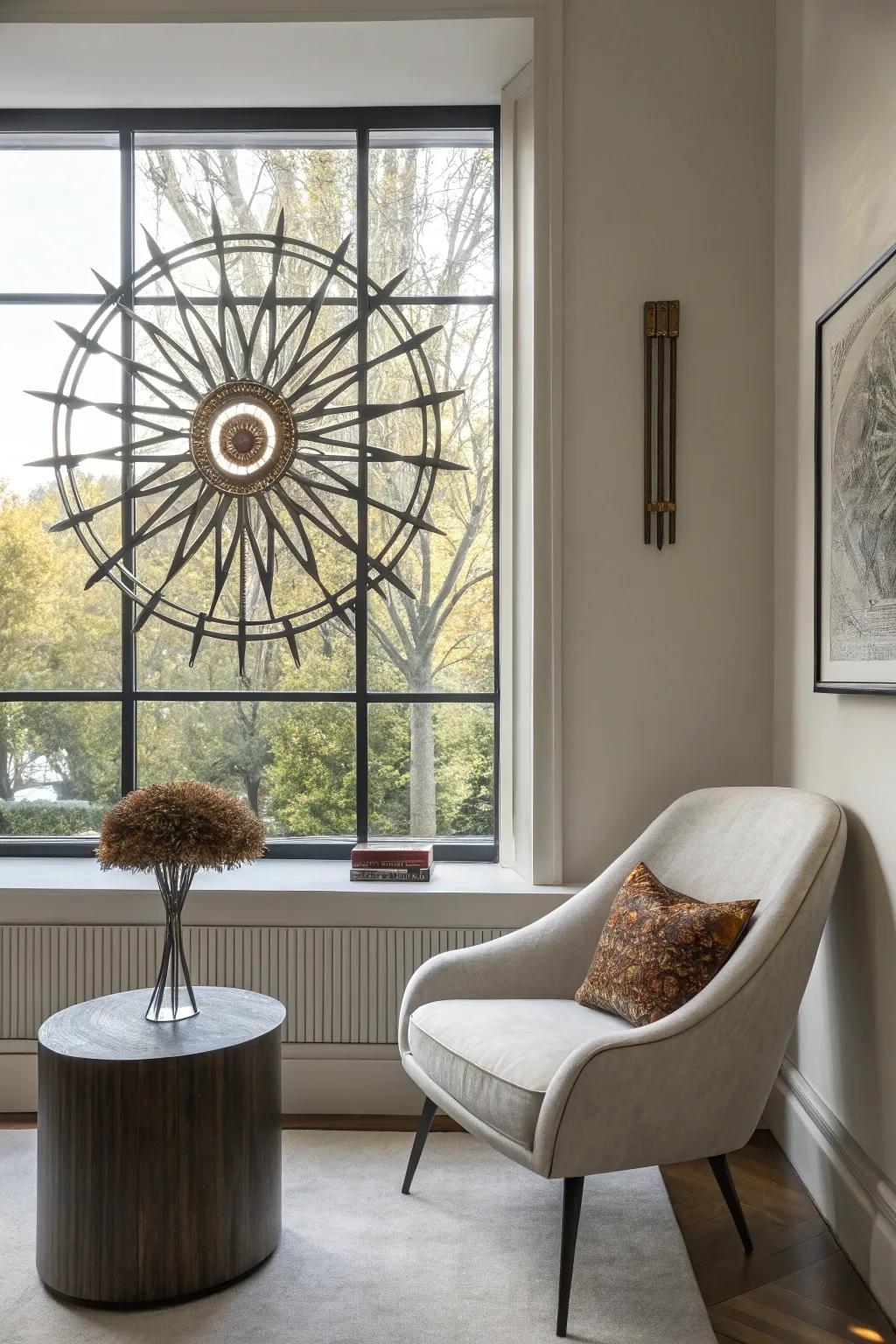 Metal artwork conveys a modern, industrial ambiance.