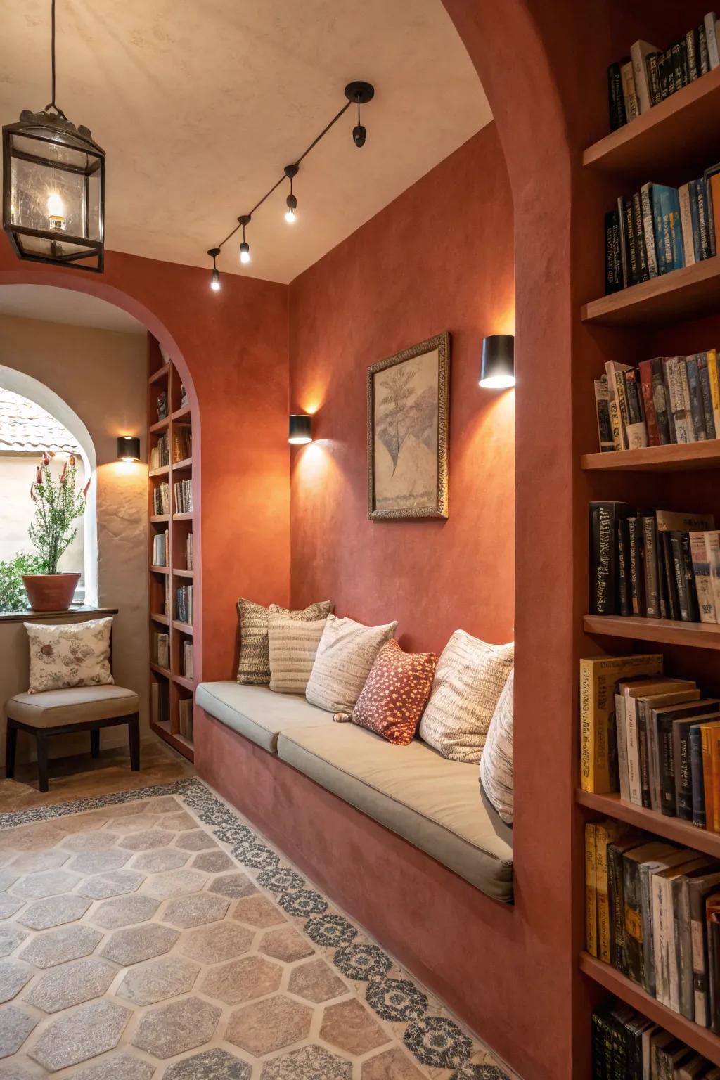 Warm shades conjure an inviting alcove perfect for perusing.
