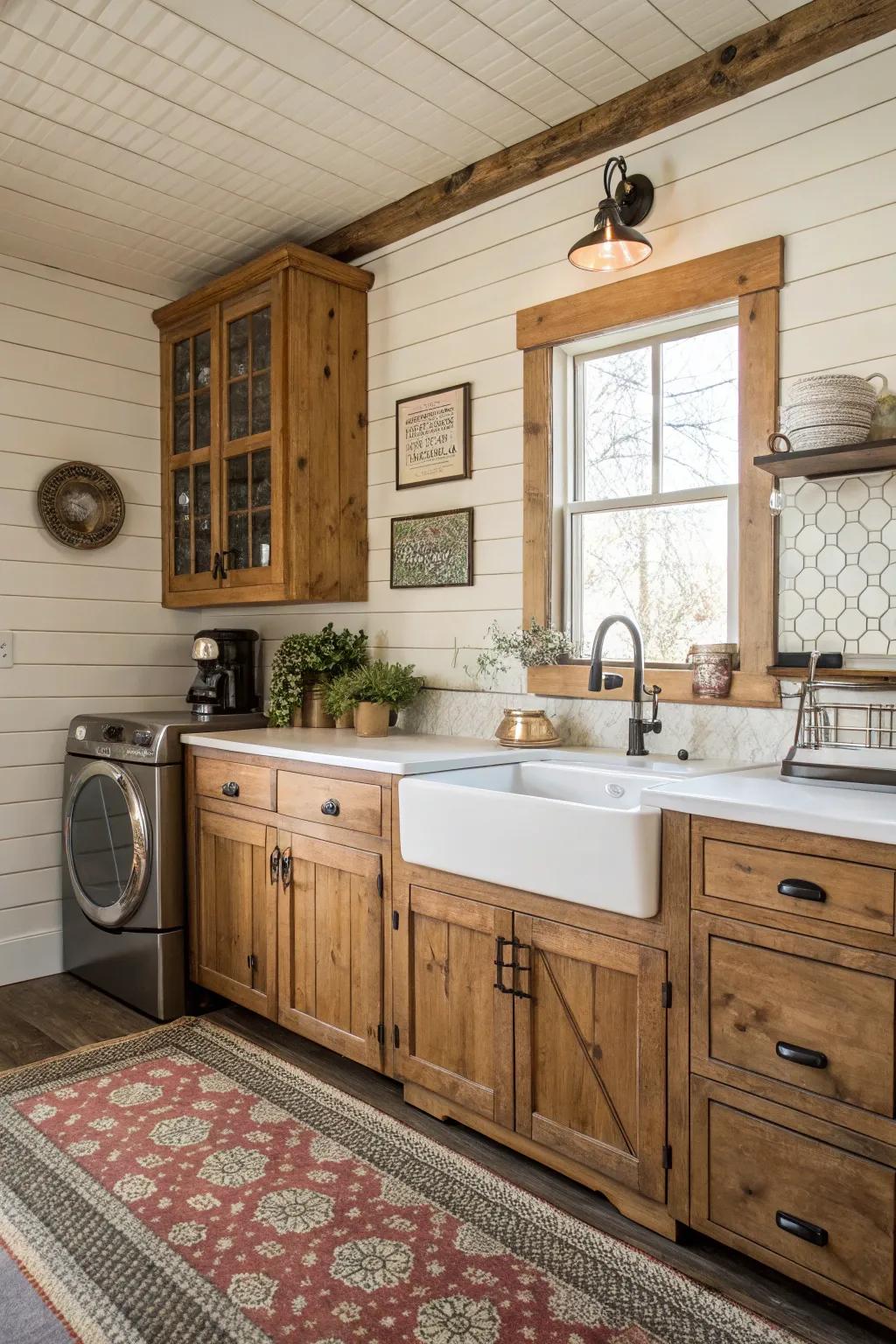 A kitchen featuring a timeless shiplap enhancement.
