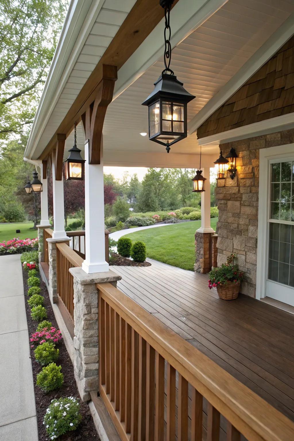 A refined porch featuring a protective roof overhang.