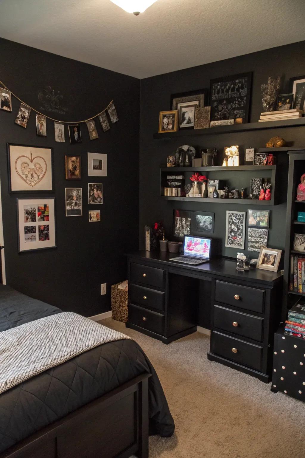 A black bedroom featuring personalized decorative items and mementos.