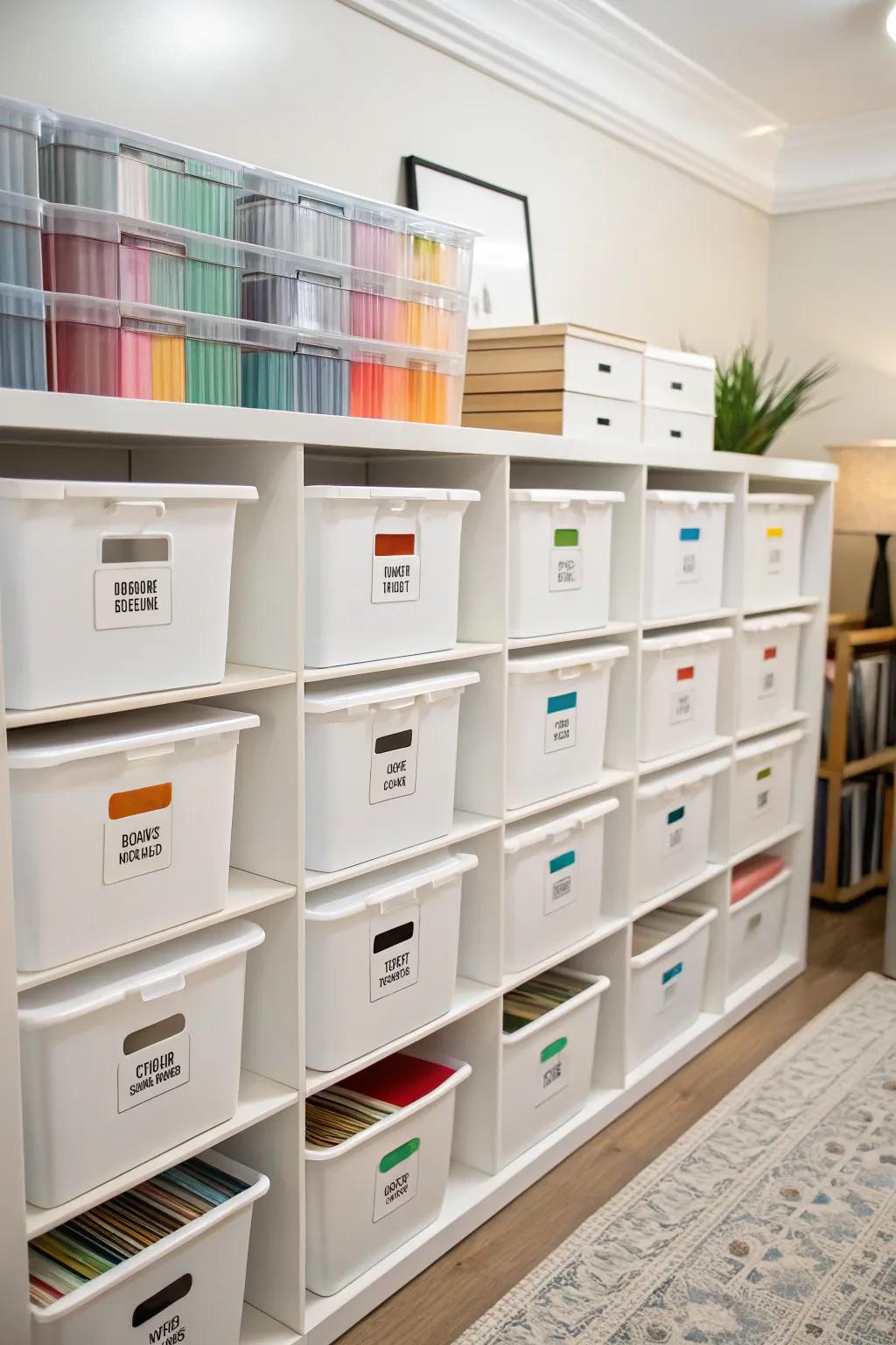 Stackable storage bins providing flexible vinyl storage options.