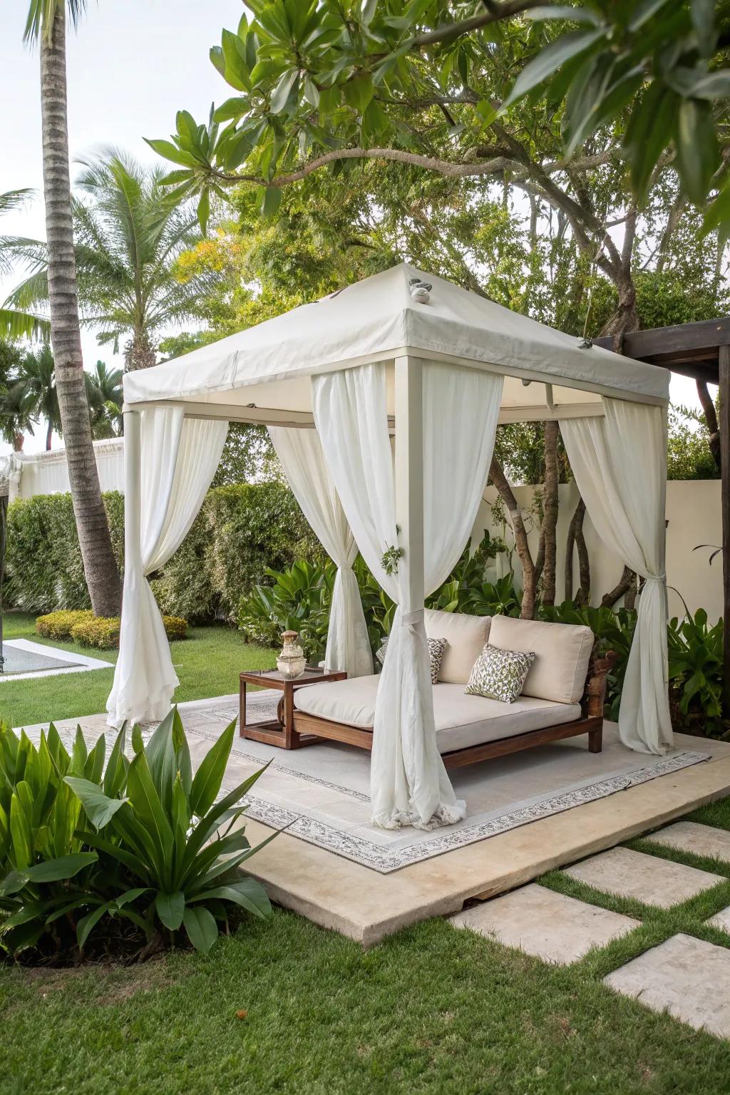 An inviting ivory canopy seating arrangement fostering relaxed interaction.