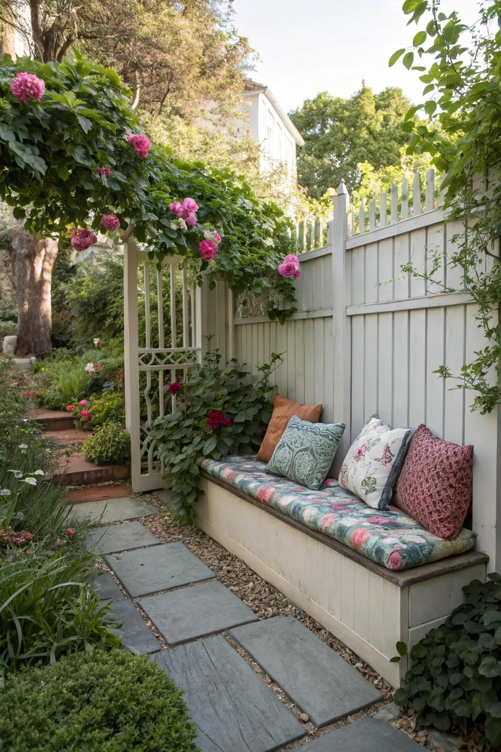 A seating arrangement cultivates a snug outdoor retreat.