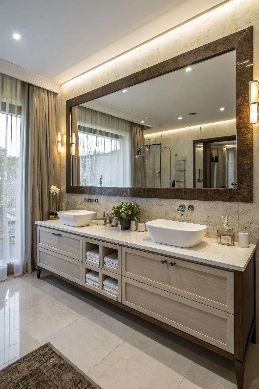 Dual vanities lend style and practicality in shared bathrooms.