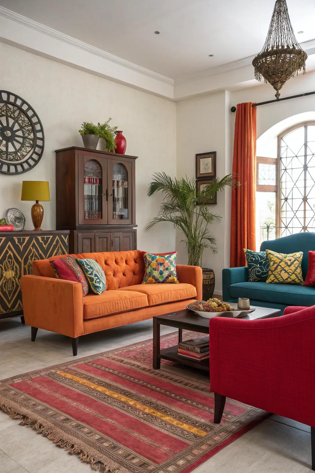 An energetic living area featuring striking contrasts in color and texture.