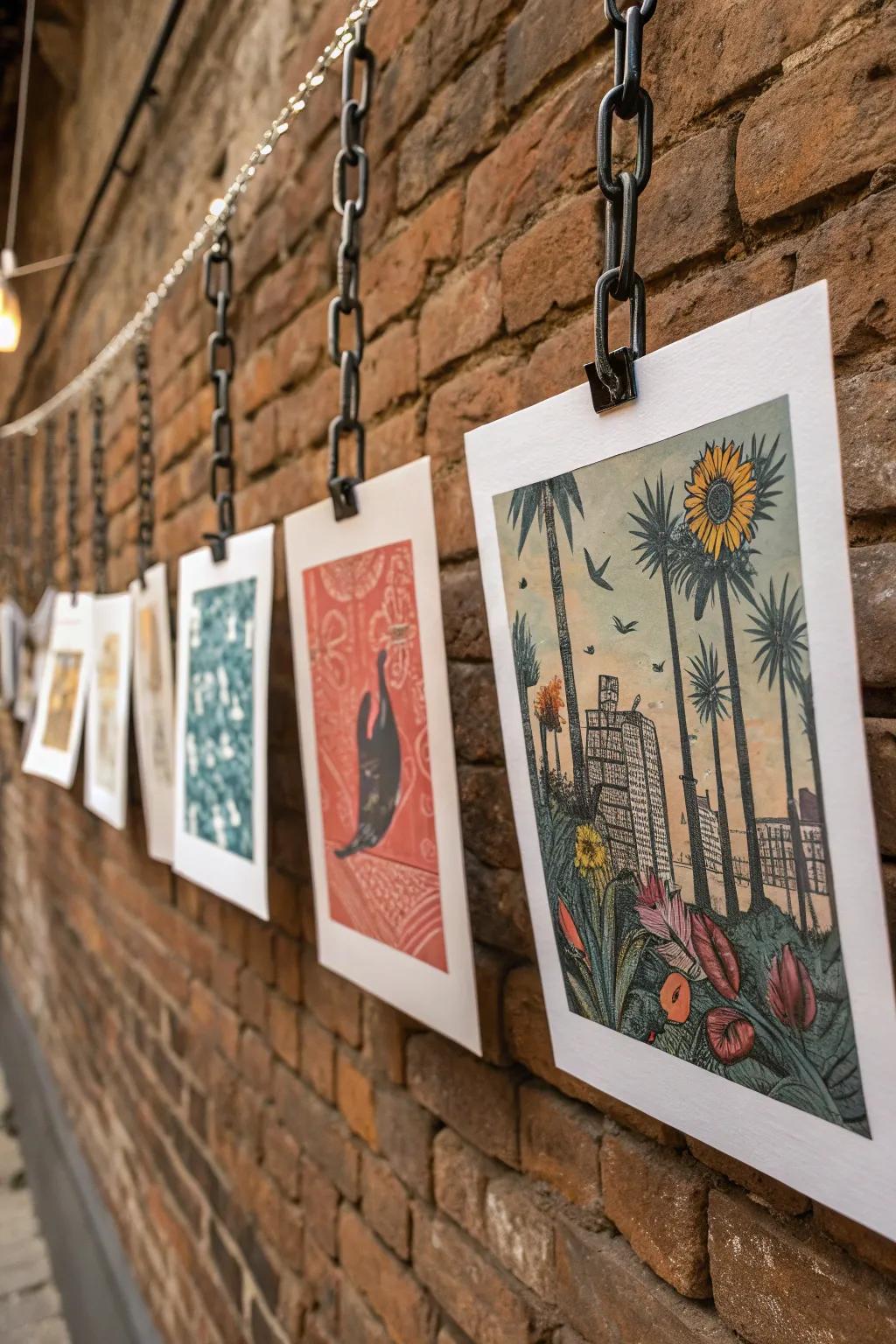 Art prints suspended from chains, offering an industrial flair.