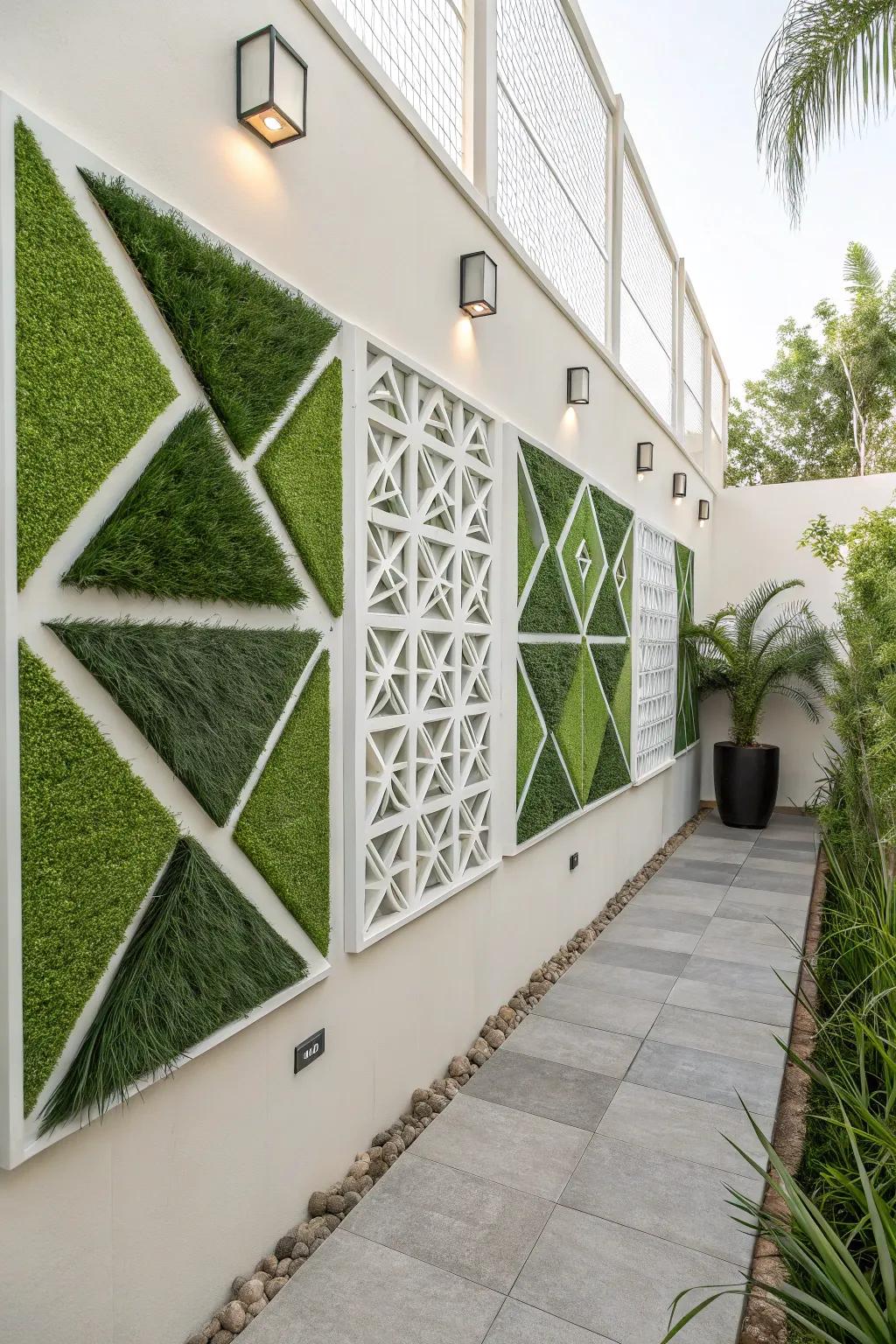 A wall showcasing artistic geometric coverings of simulated verdant for a unique element.