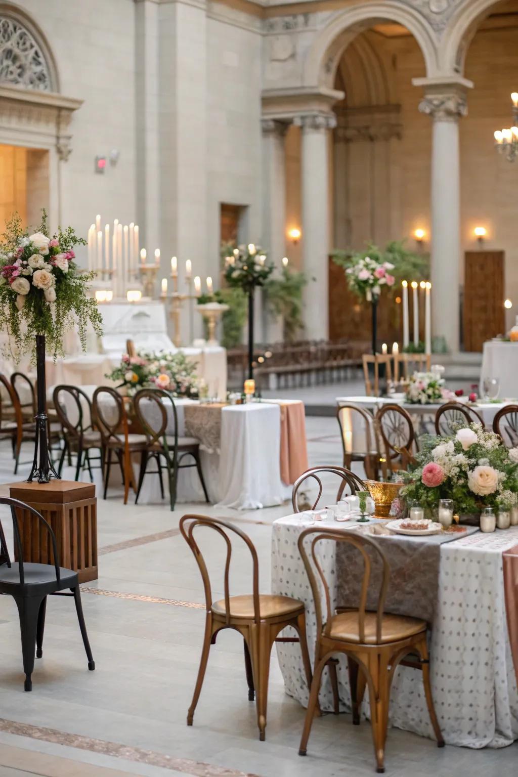Integrating furniture patterns creates a cozy and eclectic wedding ambiance.
