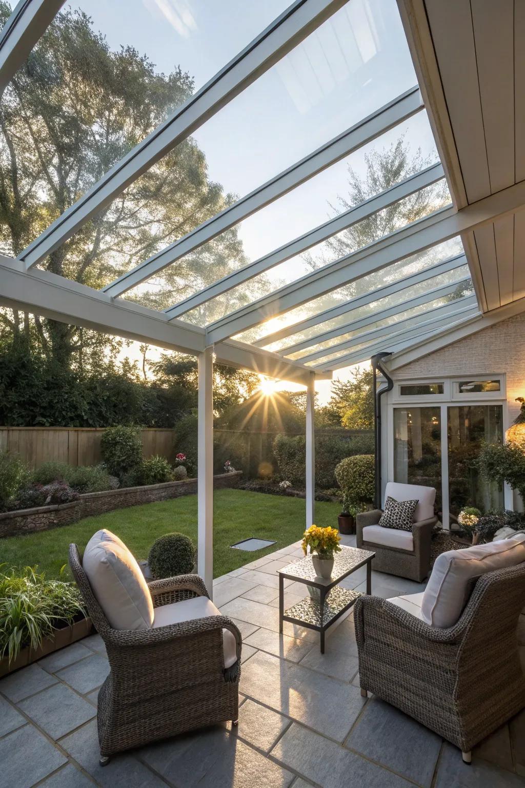 A glass canopy delivers stylish defense for your patio.