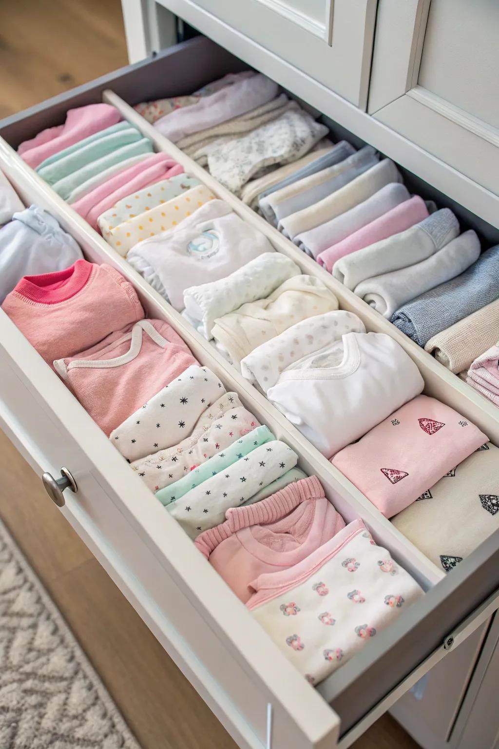 Efficacious folding methodologies augment drawer storage for infant apparel.