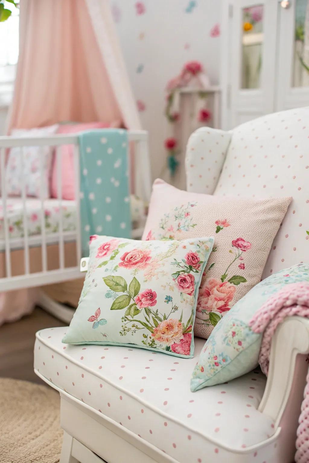 Blossom-themed cushions introduce a burst of color and texture.
