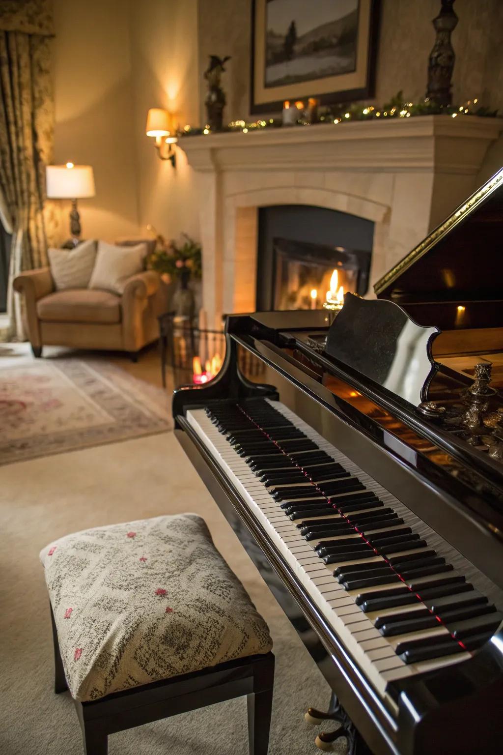 A hearth introduces warmth and charm to the piano setting.