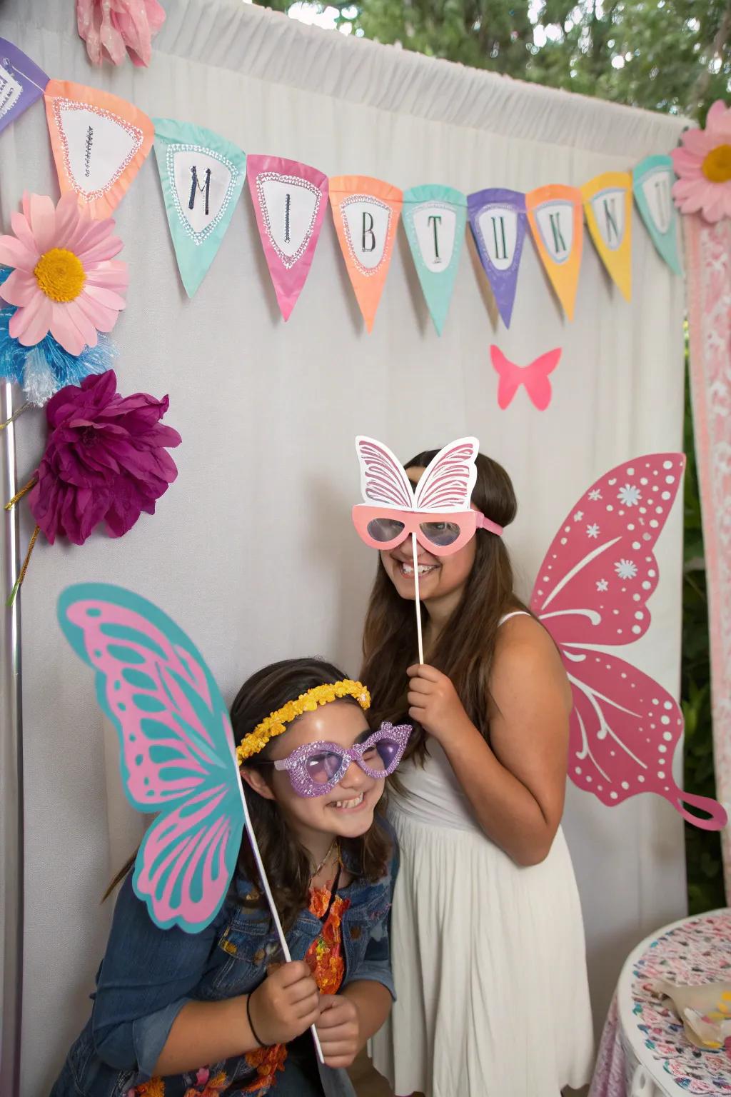 An engaging photographic alcove adorned with butterfly-inspired props, designed to capture unforgettable moments.