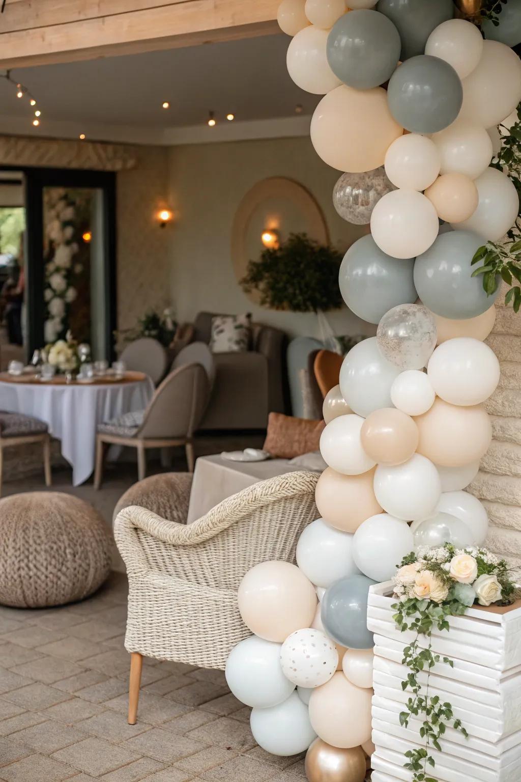 A seating vicinity adorned with muted-toned balloons.