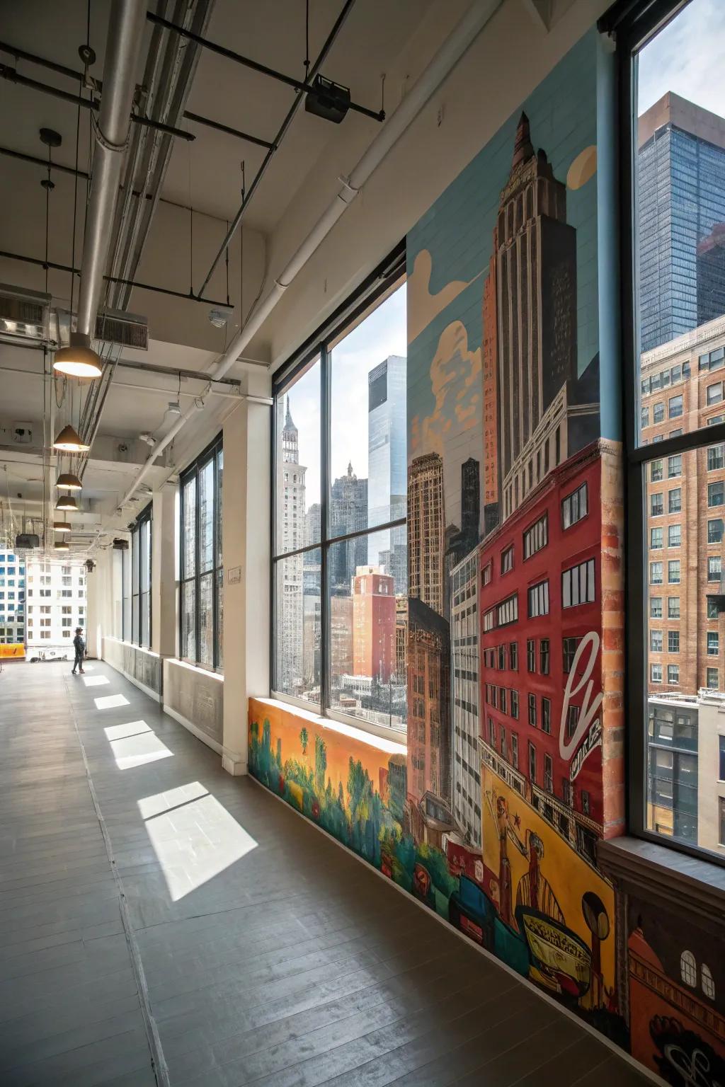 A loft featuring an urban artwork highlighting metropolitan landscapes or street artistry.
