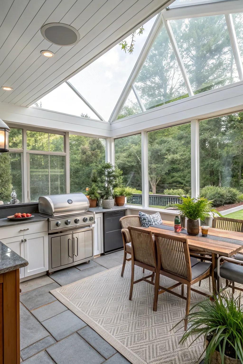 An enclosed screened veranda provides an insect-free outdoor kitchen experience.
