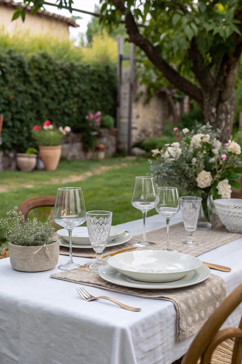 Elegant fine glassware contributes a hint of refinement to outdoor dining.