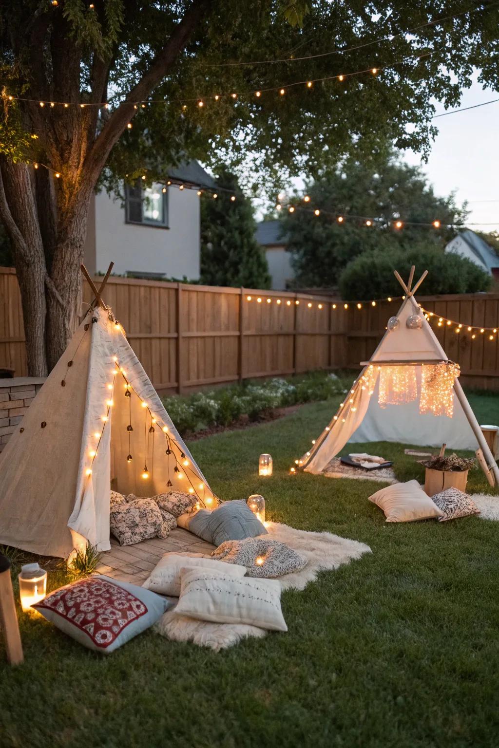 Teepee canopies fashion a welcoming and enchanting atmosphere for film viewing.