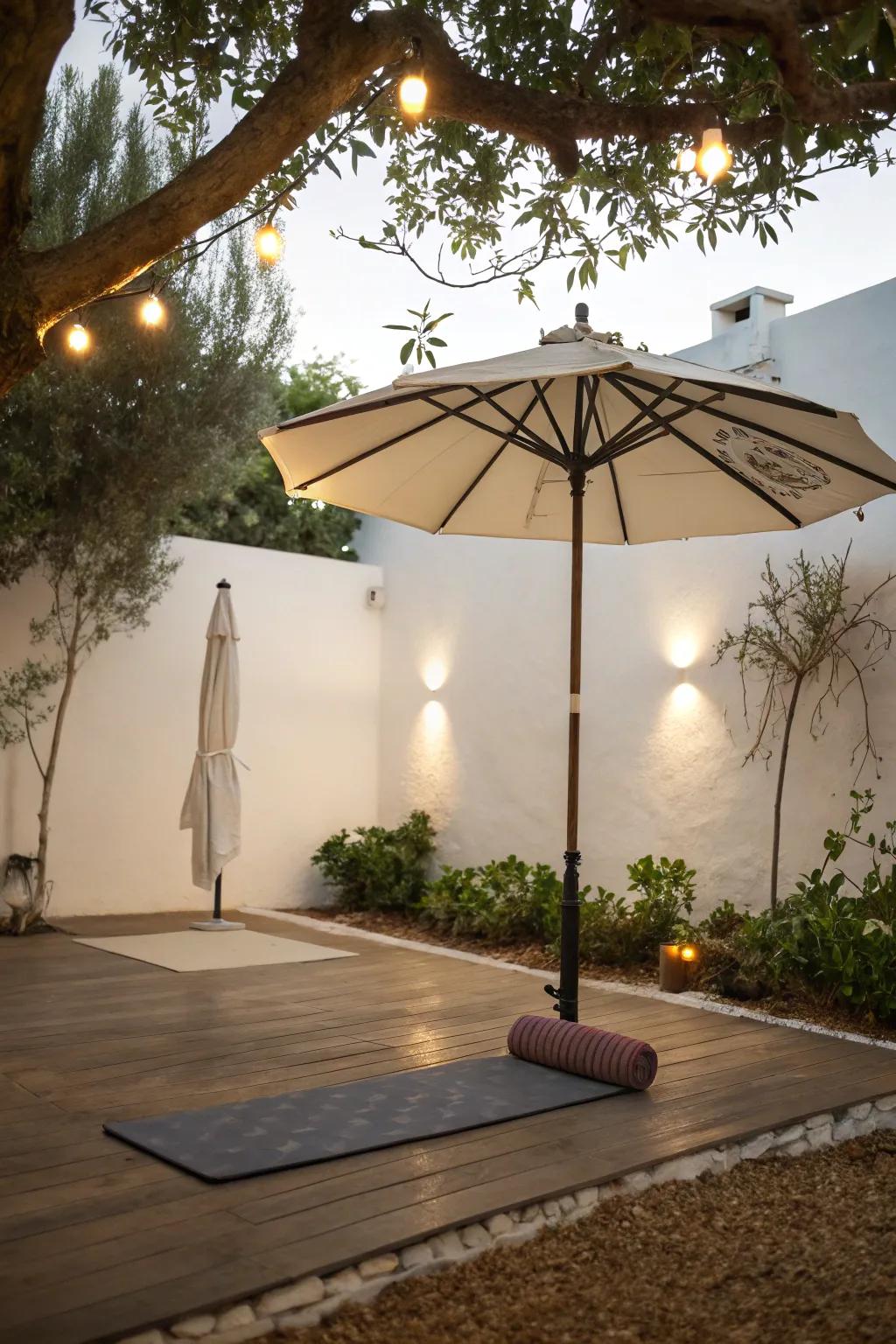 A serene meditation space with an umbrella.