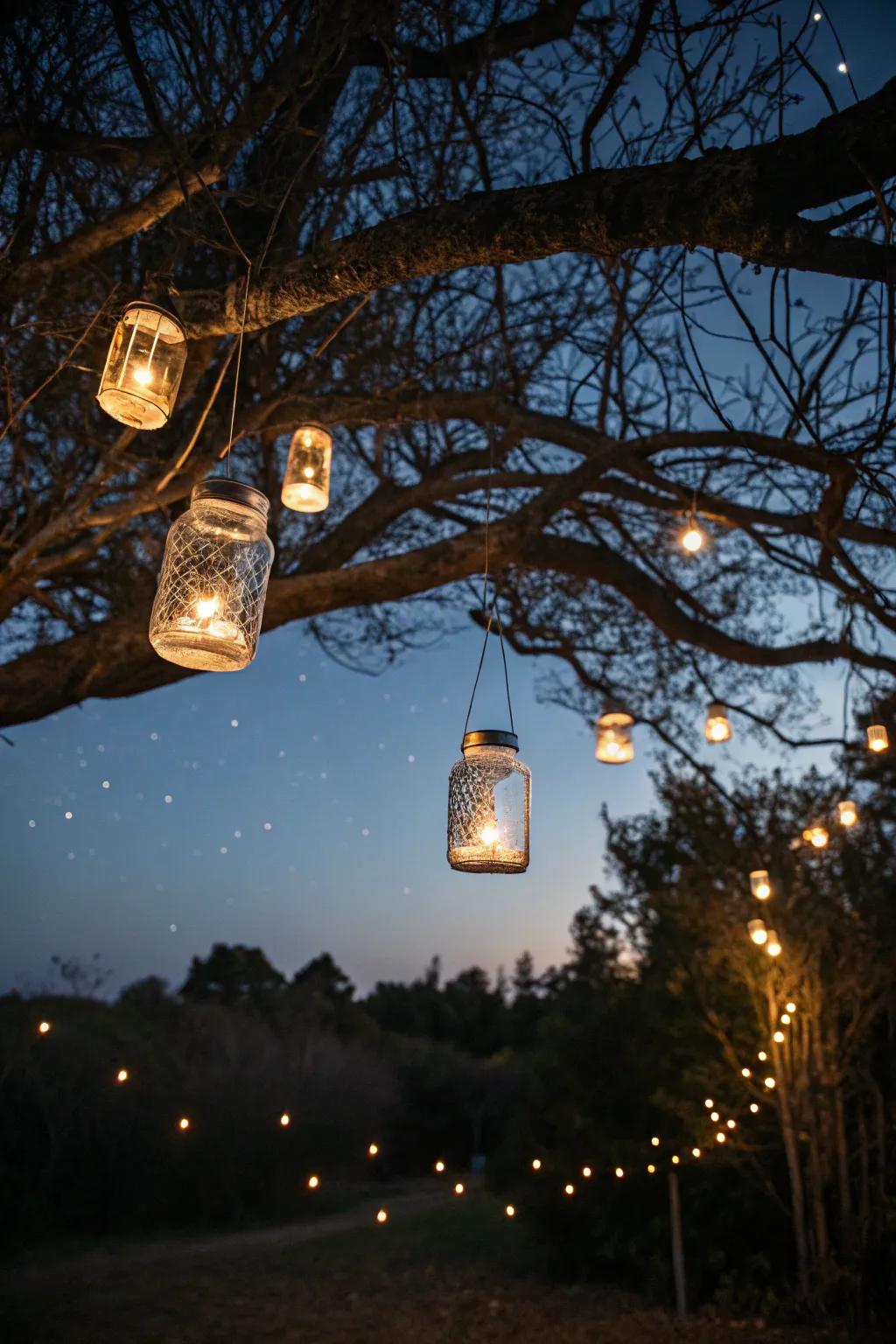 Imaginative garden lamps fashioned from preserving containers establish a captivating atmosphere.
