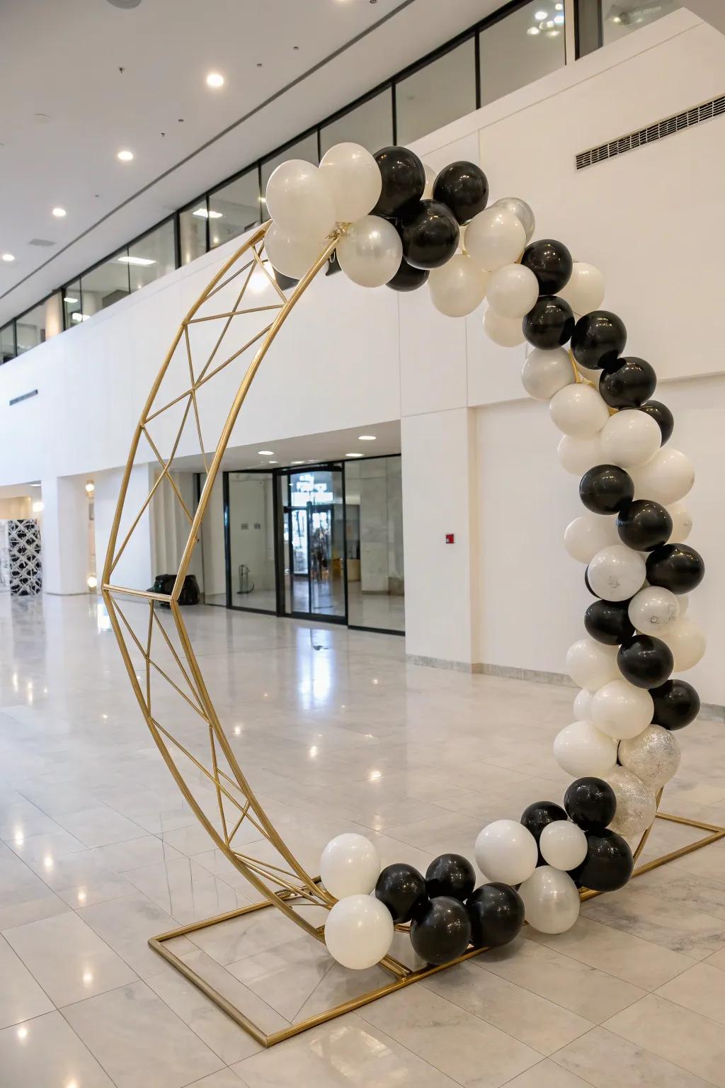 Geometric frameworks add a modern touch to balloon hoops.