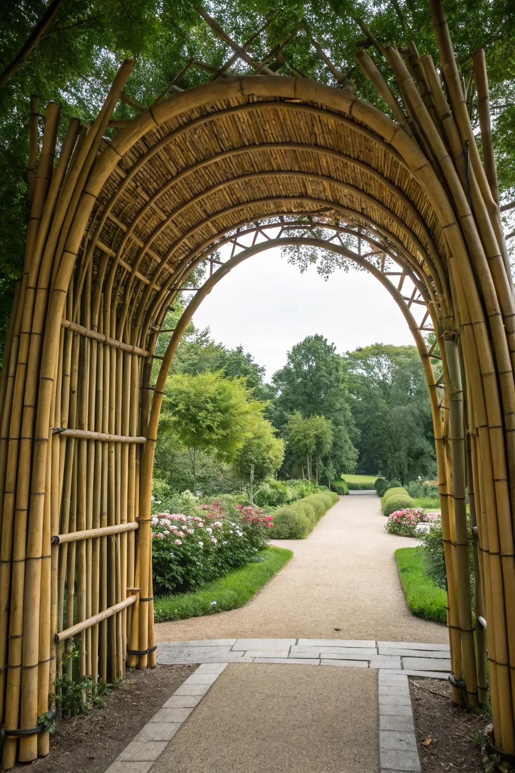 A bamboo archway creating a stunning garden entrance.