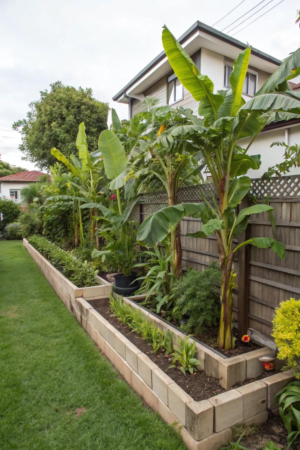 Utilize skyward area using tiered banana tree planting.