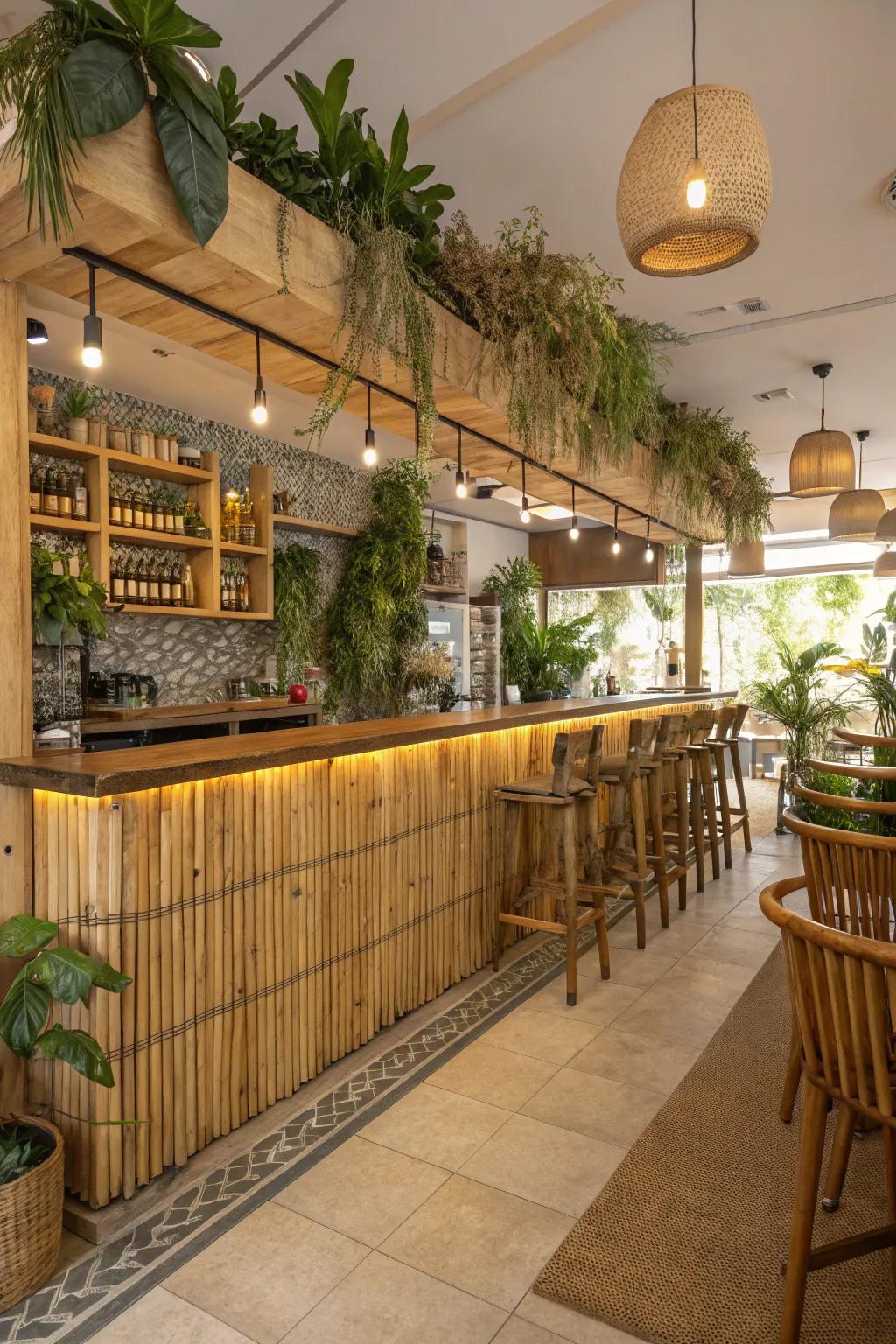 Eco-conscious bamboo foot rails for a natural detail.