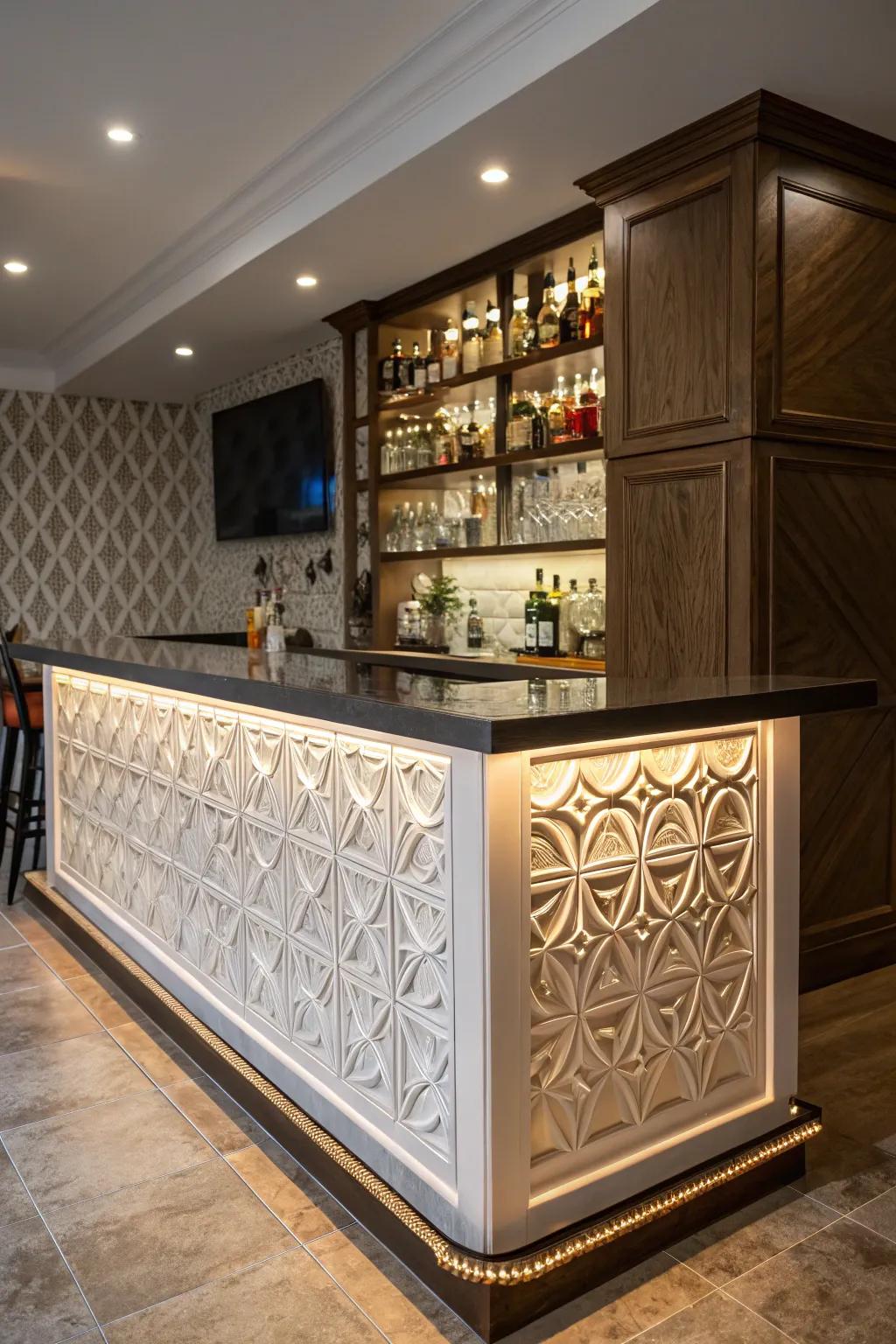The depth and artistic flair that 3D panels offer to your bar area are considerable.