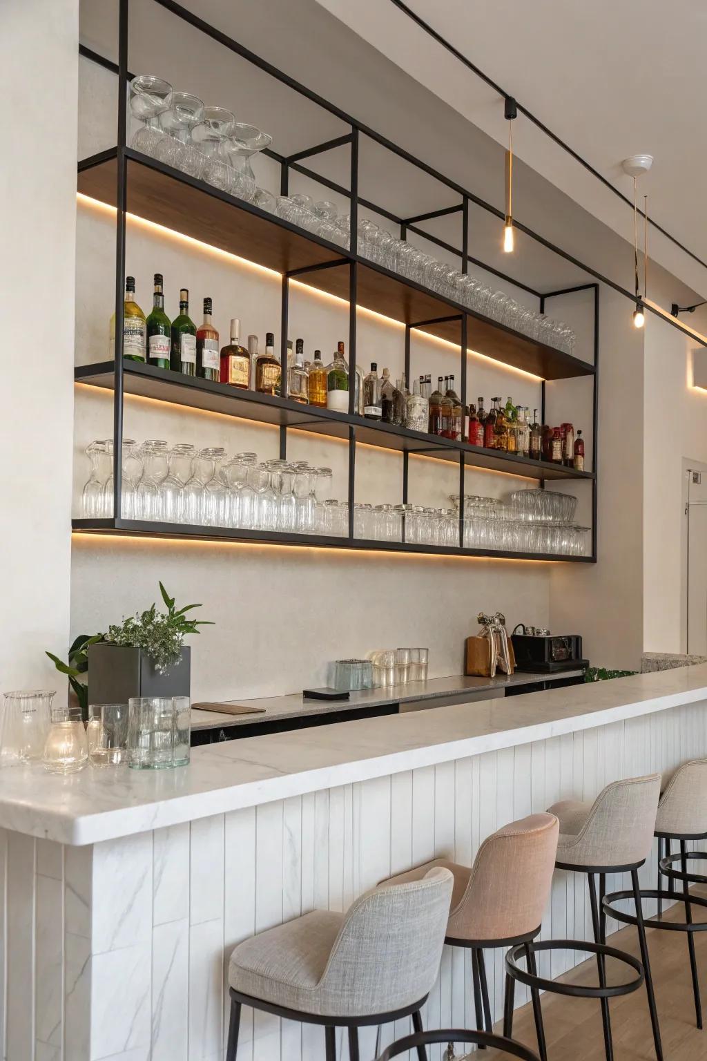 Adhered shelves provide uncluttered and fashionable storage solutions.