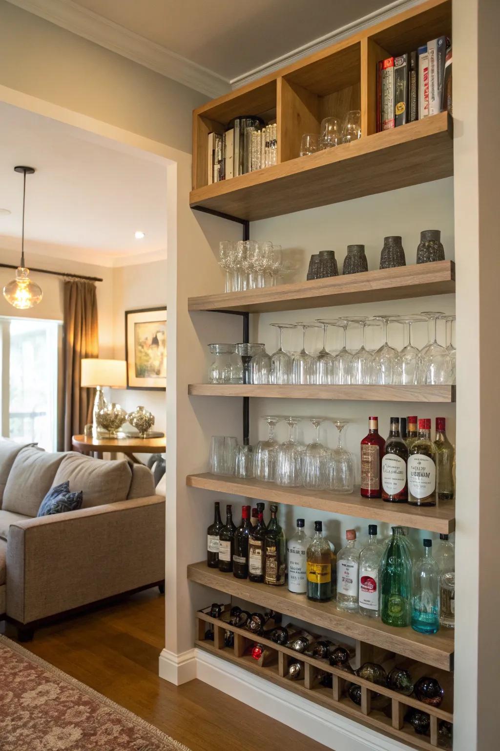 Staggered shelves maintain the order of your bar necessities.