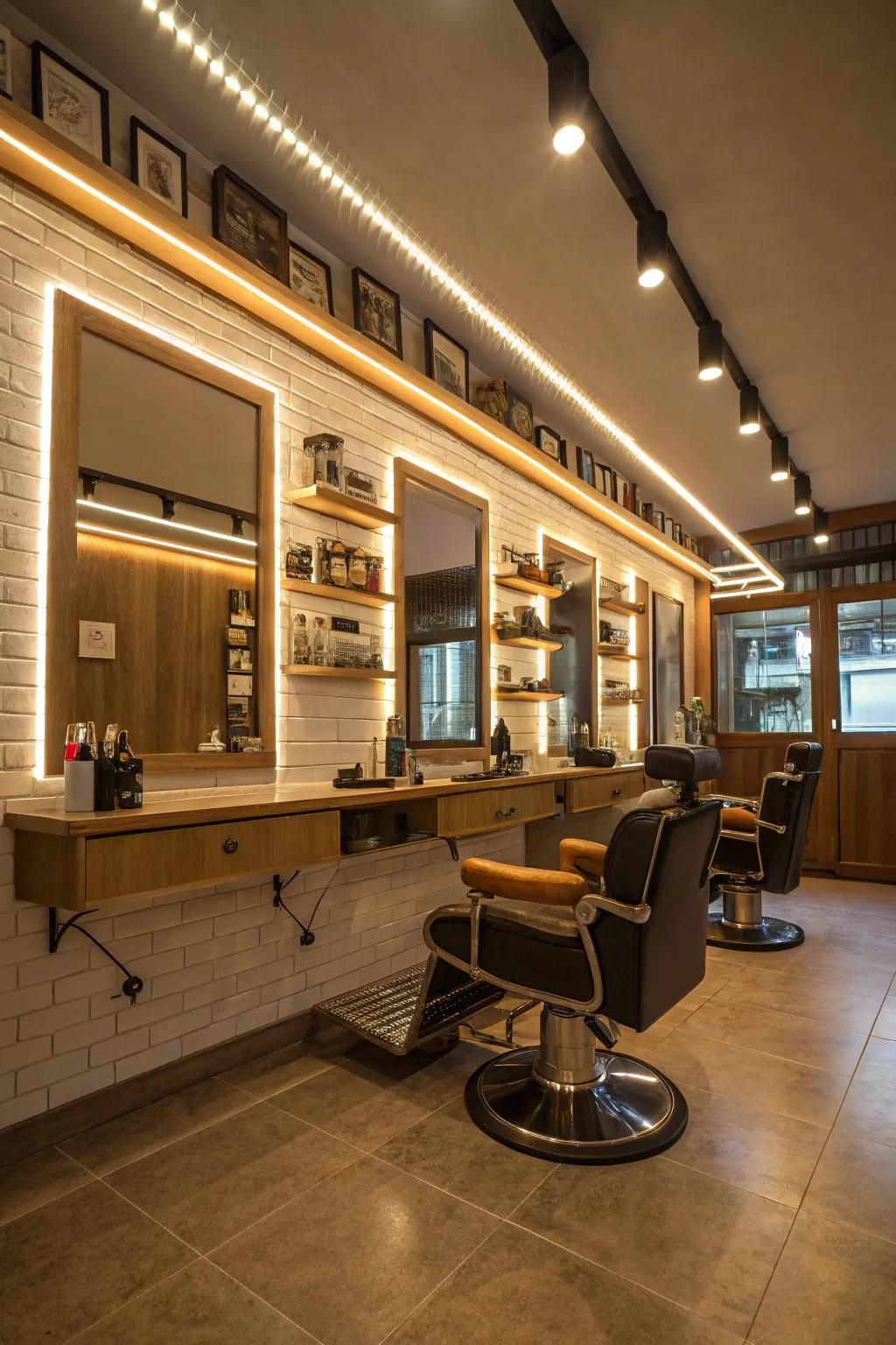 Subtle LED band lighting adding modern elegance to a barbershop.