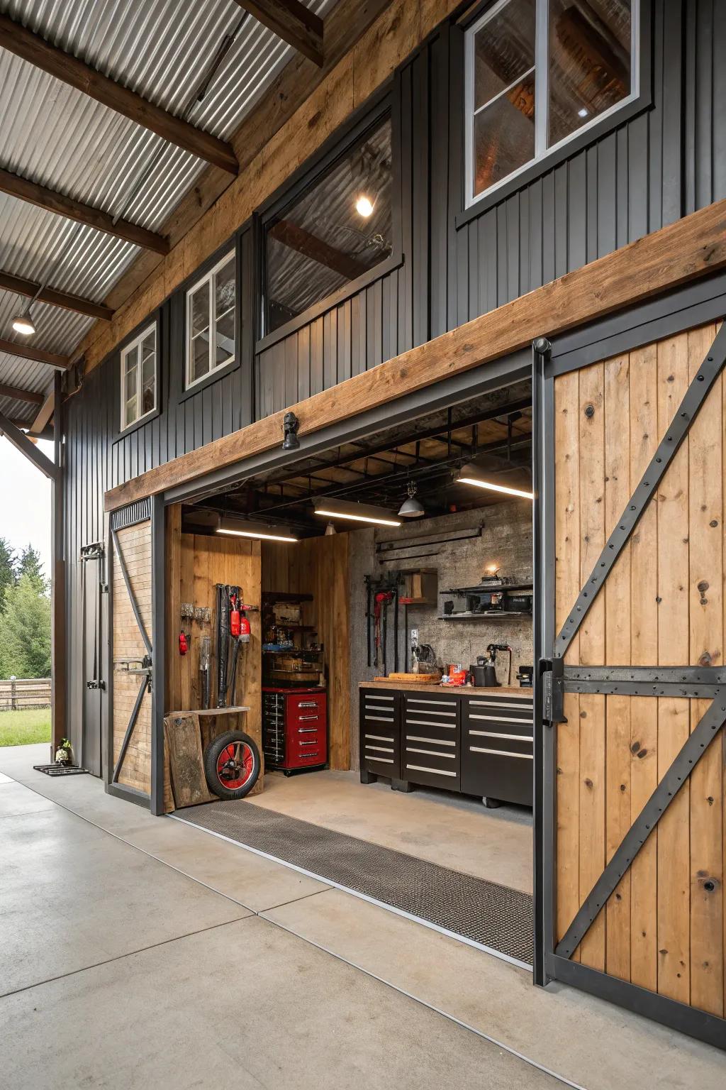 The barn garage has a distinctive charm thanks to its industrial features.