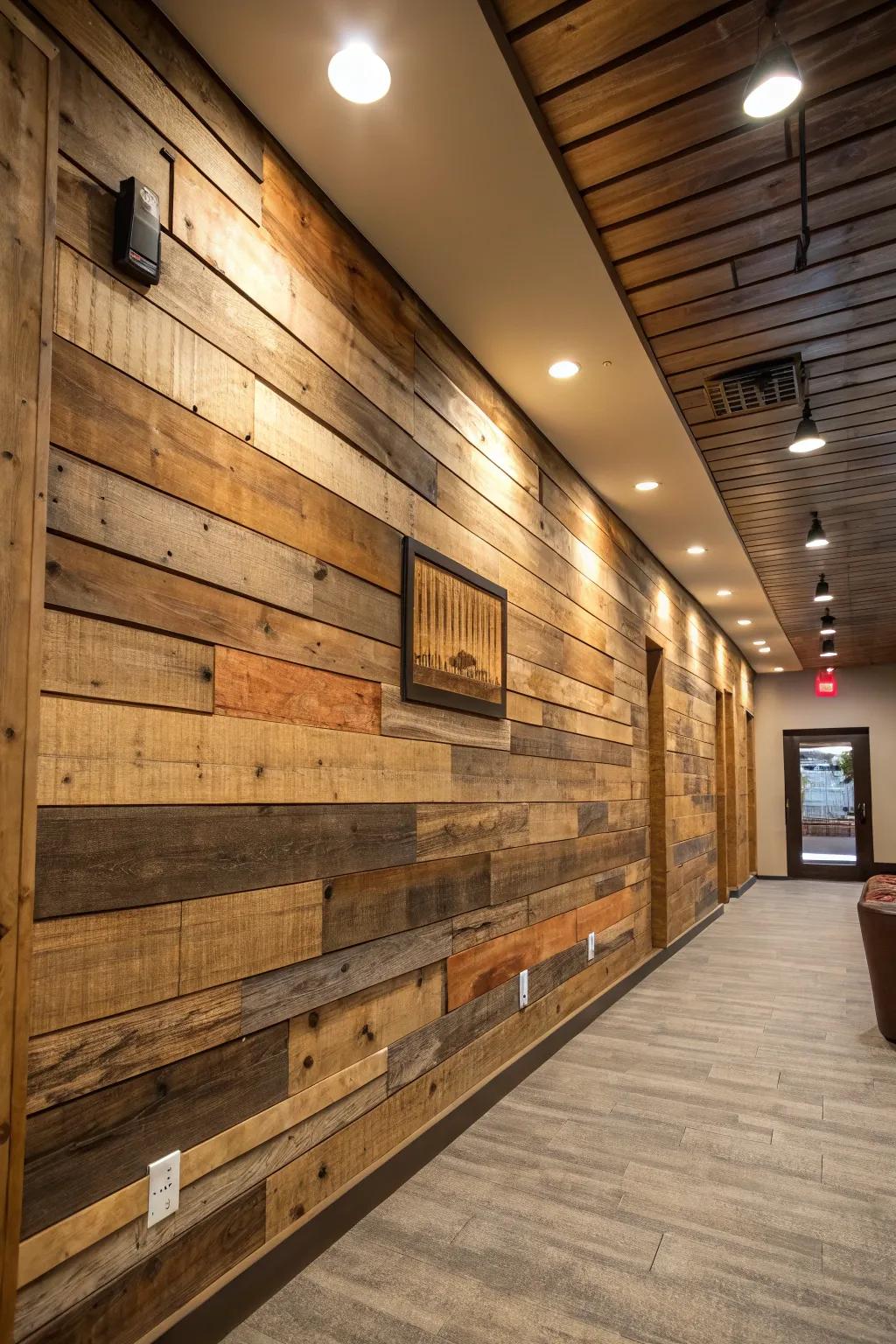 Forge a vibrant signature wall through layered wood paneling.