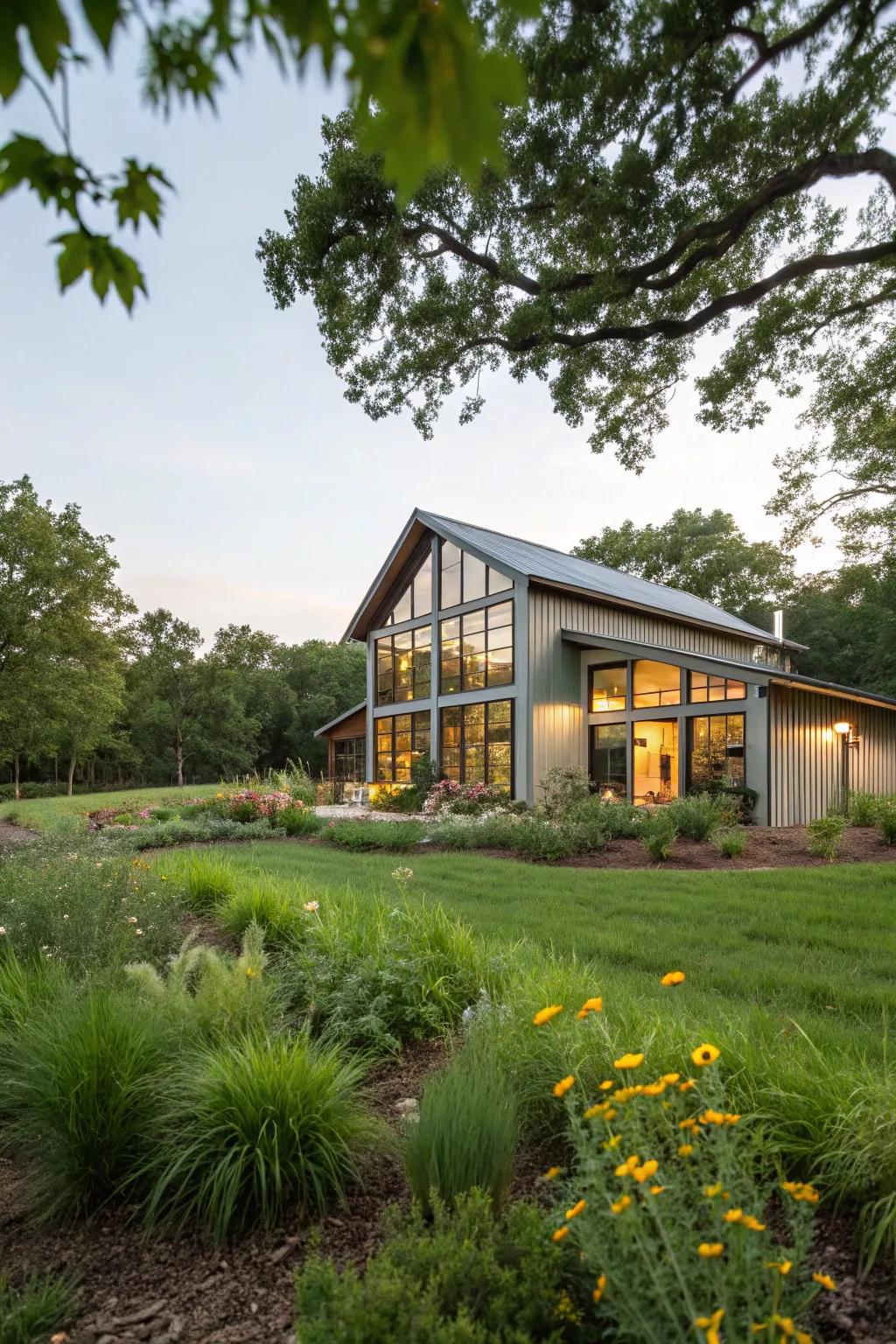 A verdant landscape accentuates the natural beauty of this barndominium.