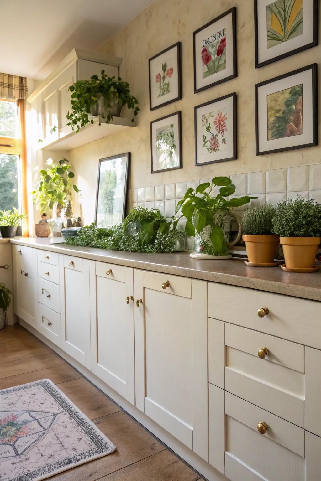 Personalized accents such as botanicals and artwork make the kitchen uniquely inviting.