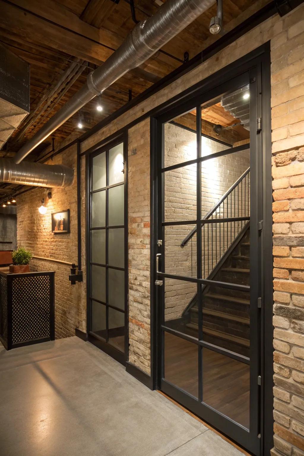An industrial-style door introduces a modern edge to the basement entry.