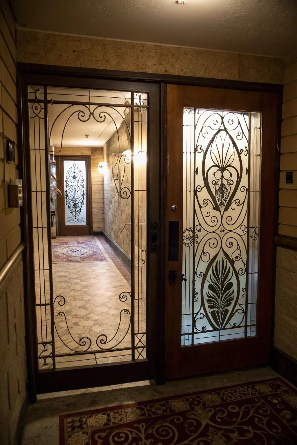 The play of light and shadow through glass panels crafts an artistic entrance.
